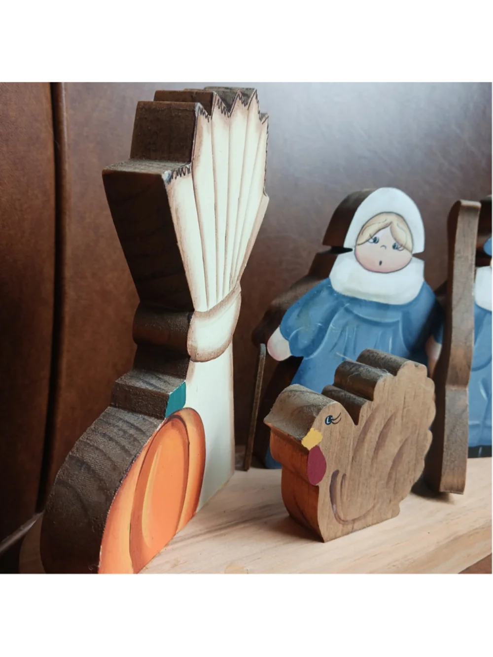 Vtg Wooden Handpainted Pilgrim Couple & Turkey Thanksgiving Folk Art Primitive